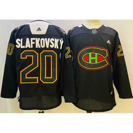 Men Montreal Canadiens 20 Juraj Slafkovsky 2022 Black Warm Up History Night Stitched Jersey